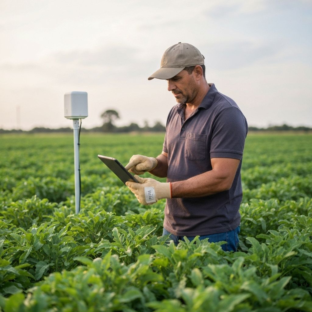 Produtor rural usando tecnologia de monitoramento agrícola